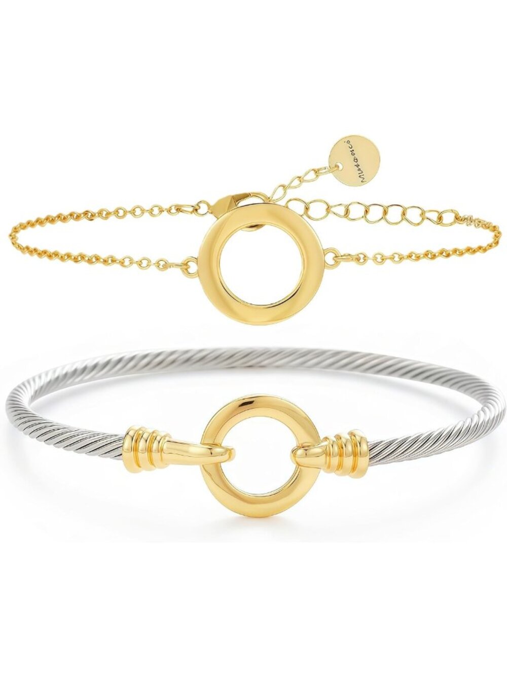 Twisted Cable Cuff Bracelet for Women - Mixed Metal Silver & Gold Wire Bangle